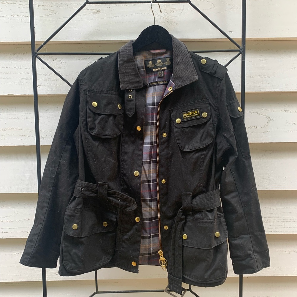 Barbour Black Utility Jacket with Tartan Lining and Corduroy Collar - Picture 4 of 14